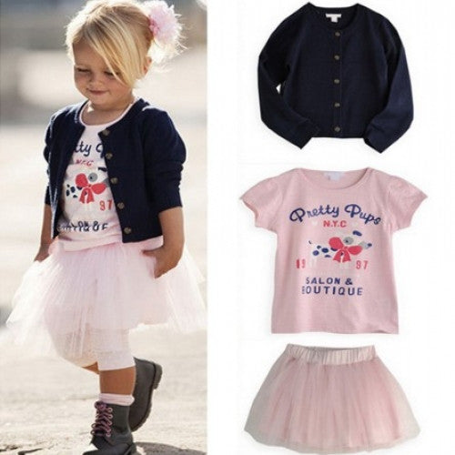 3 Pieces Set T-shirt+Coat+Skirt Outfit TuTu Dress Baby Girls Clothes